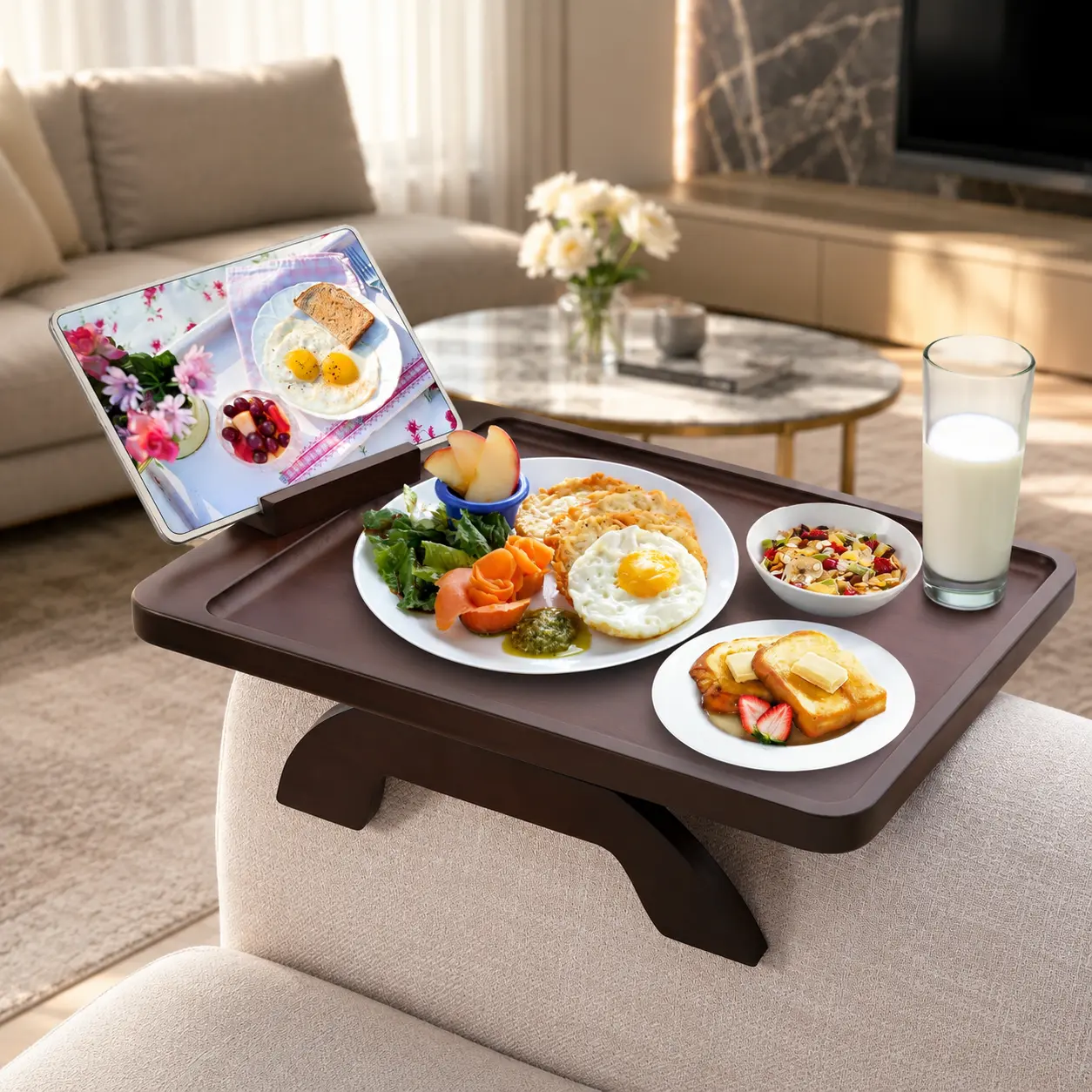 Bamboo Sofa Armrest Tray with Clip-On Design, Tablet/Phone Stand & Anti-Slip Surface, Living Room Console Tray for Snacks, Drinks & Work in Small Apartments & Home Office