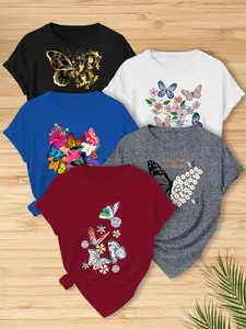Women's 5-Piece Printed T-Shirts, Women's Butterfly Print Round-Neck Short-Sleeved Shirt, Suitable For Daily Wear, Can Be Worn All Year Round, Sportswear, Commuting Clothing Casual Summer Streetwear Womenswear