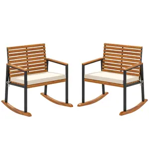 Set of 2 Acacia Wood Outdoor Patio Rocking Chairs Cream White Soft Cushion Wide Seat Smooth Motion for Front Yard Lake House Morning Coffee