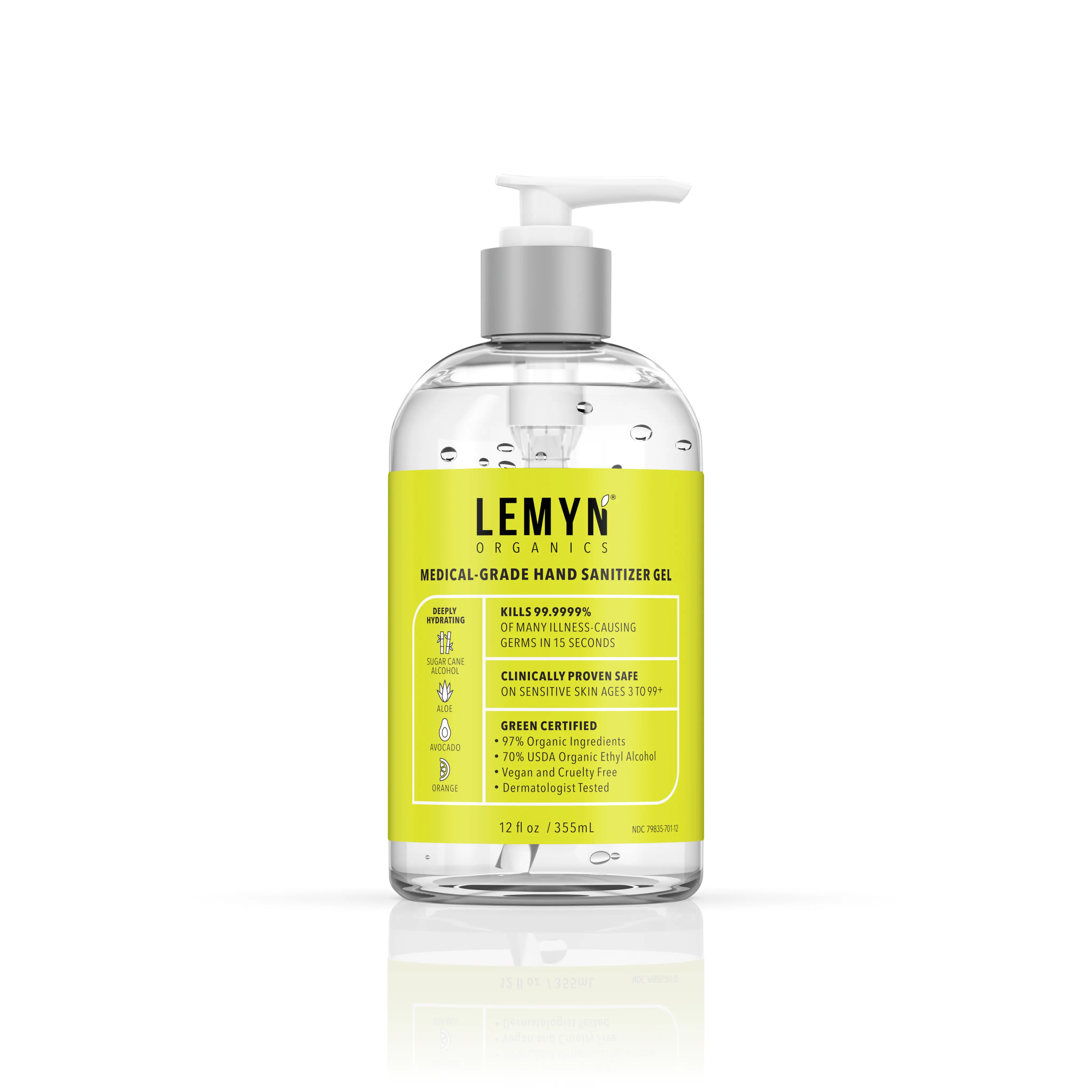 Lemyn Organics Hand Sanitizer | Green Certified & Medical Grade | 355ml - 12 Fl Oz with Pump