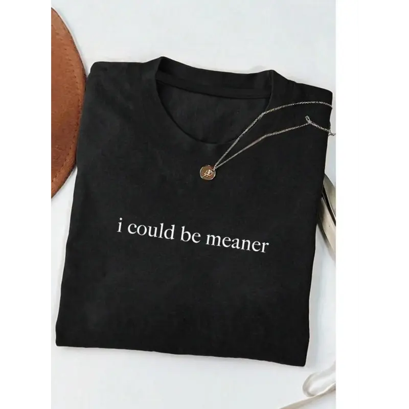 Women's I Could Be Meaner Letter Print Crew Neck Tee, Vintage Trendy Casual Short Sleeve T-shirt for Daily Wear, Ladies All Seasons Tshirt, Top Style Unisex
