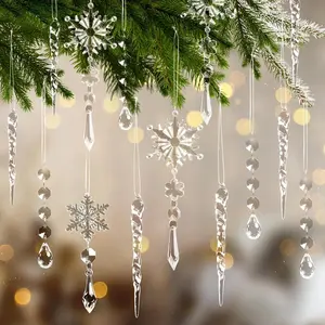 18pcs Christmas Tree Decoration Crystal Ornaments - Hanging Acrylic Christmas Snowflake Icicle Drop Crystal Ornaments for Xmas Tree Winter New Year Party Supplies