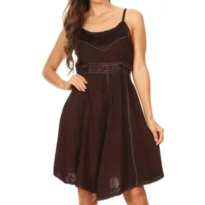 Sakkas Markay Short Mid Length Spaghetti Strap Sleeveless Embroidered Batik Dress