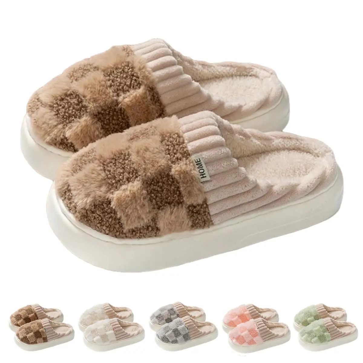 Plush Slippers for Couples, Cozy Plaid Slides with a Slip-Resistant Rubber Sole, All-Season Indoor House Footwear, Shoe