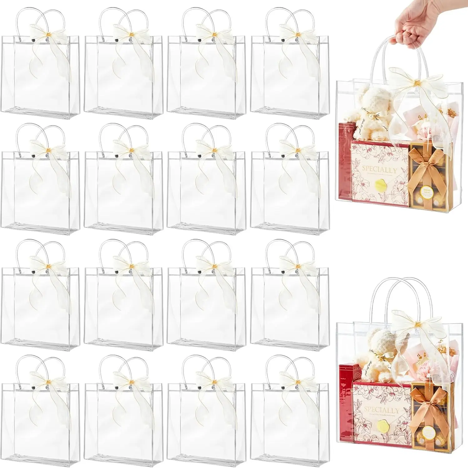 Clear Gift Bags with Handles Large Transparent Reusable PVC Tote Bag Bulk for Party Favors Shopping Boutique Wedding Birthday Festival 50pcs