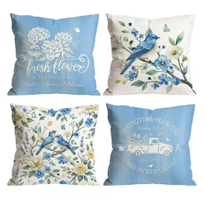 Set of 4 Bluebird Hydrangea Spring Throw Pillow Covers | Fresh Flower Market Decor for Sofa Bedroom Living Room 0407YH