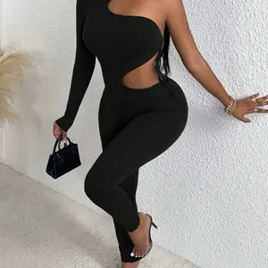 PT One Shoulder Cut Out Waist Unitard Jumpsuit - Black, Long Sleeve, Slim-Fitting, Summer Wear, Minimalist Design