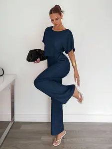 Siren Gaze 2pcs Women Solid Color Pleated Shirt And Pants Casual Suit Summer Casual Blue