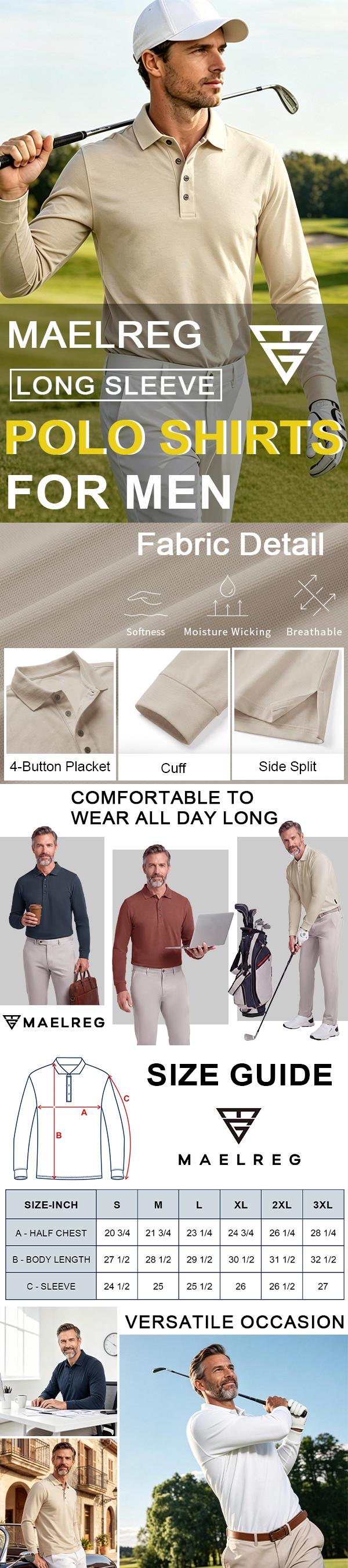 MAELREG Mens Solid Stretch Cotton Pique Long Sleeve Polo Shirts Performance Comfy 4-Button Collared Shirts  Menswear