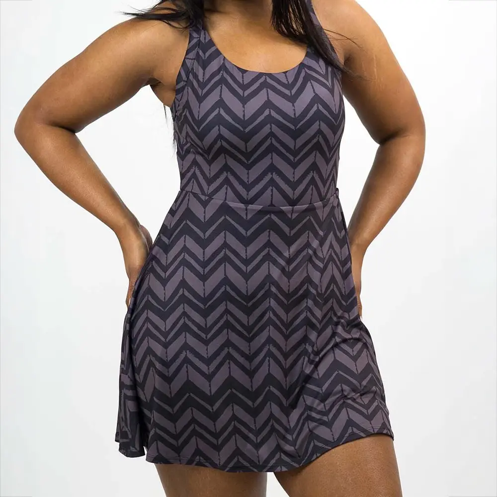 Female Sleeveless CVG Icon Shadow Chevron Active Dress - Flattering Twist-Back, Storage Pockets, Removable Padding, Nylon, Low Impact, Open Back, Adjustable Back Strap With Secure Clasp, Activewear, Polyester, Athletic Dress, Spandex, Activewear Dress