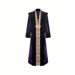 Men'S Long Robe Wizard Costume Set |   Vintage Black and Purple Long Coat with V-neck, Long Sleeves, Contrast Sequin Details, Belt for Halloween Party and Stage Performances