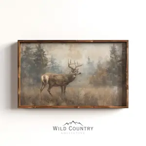 Rustic Deer Landscape Painting for Man Cave Hunting Decor Dark Brown Wall Art Cabin Decor Vintage Woodland Room Antique Forest Art Poster Unframed