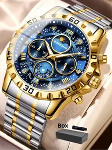 Men's Fashion Multifunctional Watch with 3D Starry Sky Design, 30m Waterproof, Luminous Hands, Calendar Function, Stainless Steel Case, Quartz Movement, Stainless Steel Wristwatch