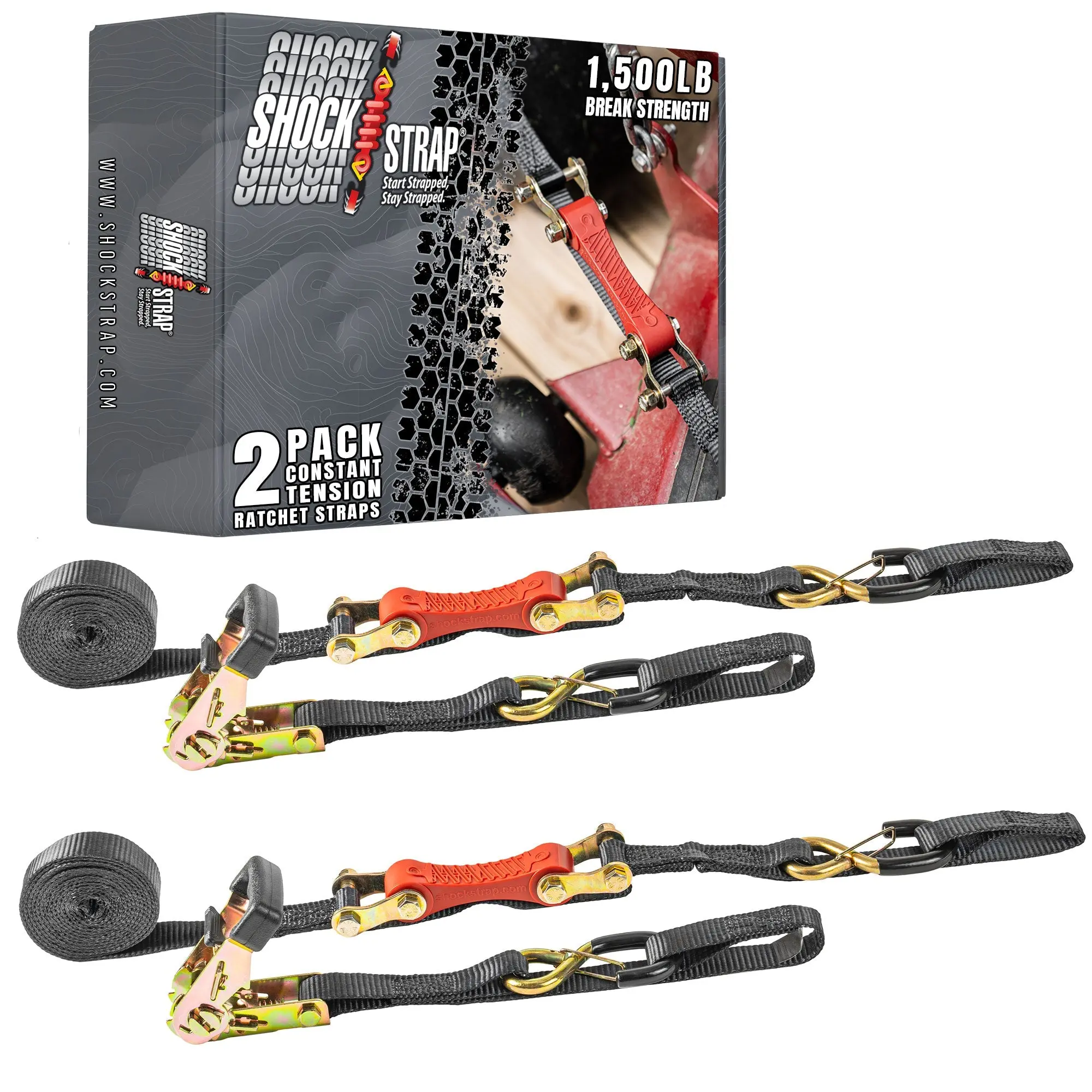 10ft x 1in SHOCKSTRAP® Constant Tension Ratchet Strap, Premium Polyester Webbing, 1,500lb Break Strength, 500lb Working Load Limit