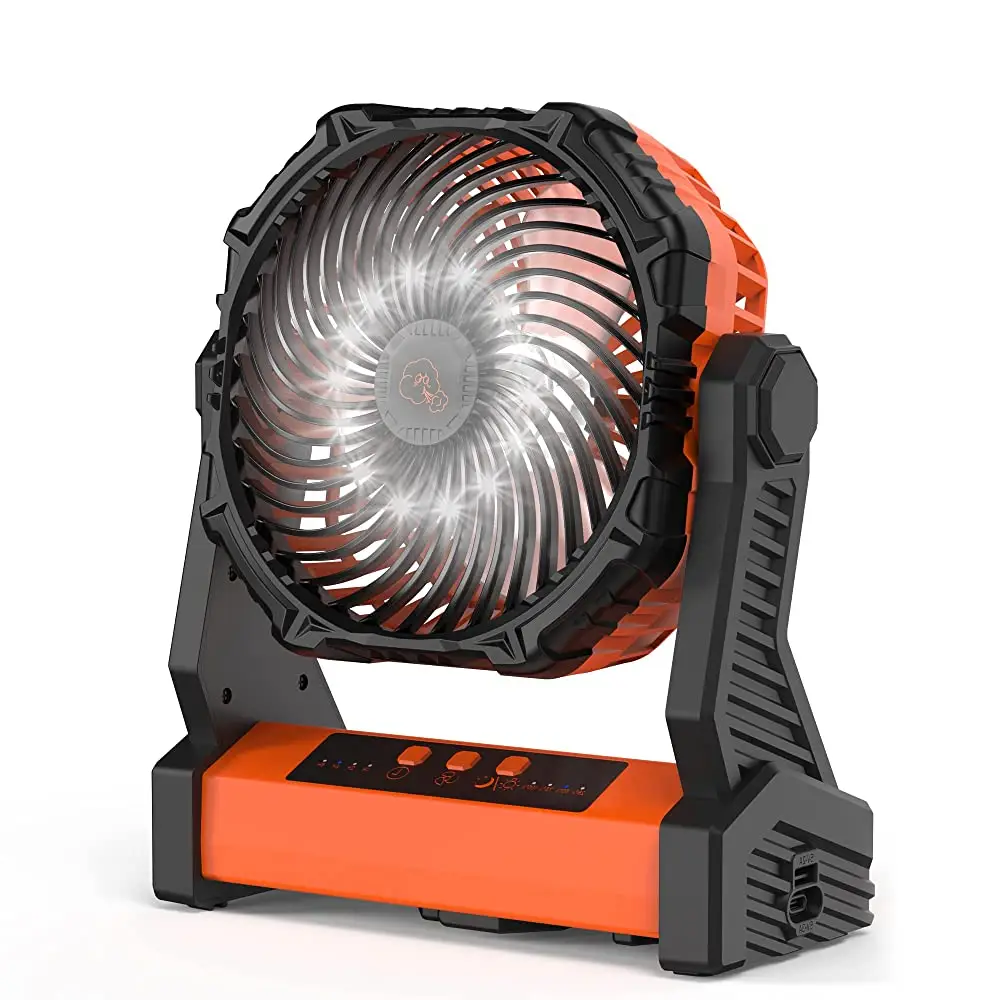 Camping Fan with LED Light & Hook, Rechargeable Battery Operated Outdoor Fan, Personal USB Desk Fan for Camping Tent Travel Jobsite Fishing Hurricane
