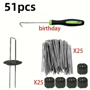 Garden Stakes Set with Pad Plates, U-Shaped Galvanized Ground Anchors, Heavy-Duty Gardening Staples for Weed Control, Lawn Fabric Decoration, Outdoor Patio