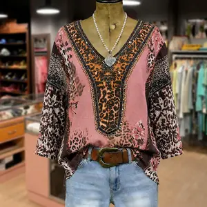 Cherrybetty 100% Cotton Retro Leopard Flower Print V-Neck Top Outfit Inspo Going Out Tops Comfort Elegant Outfits Tiktok Shop Spring Glow Up Blouses