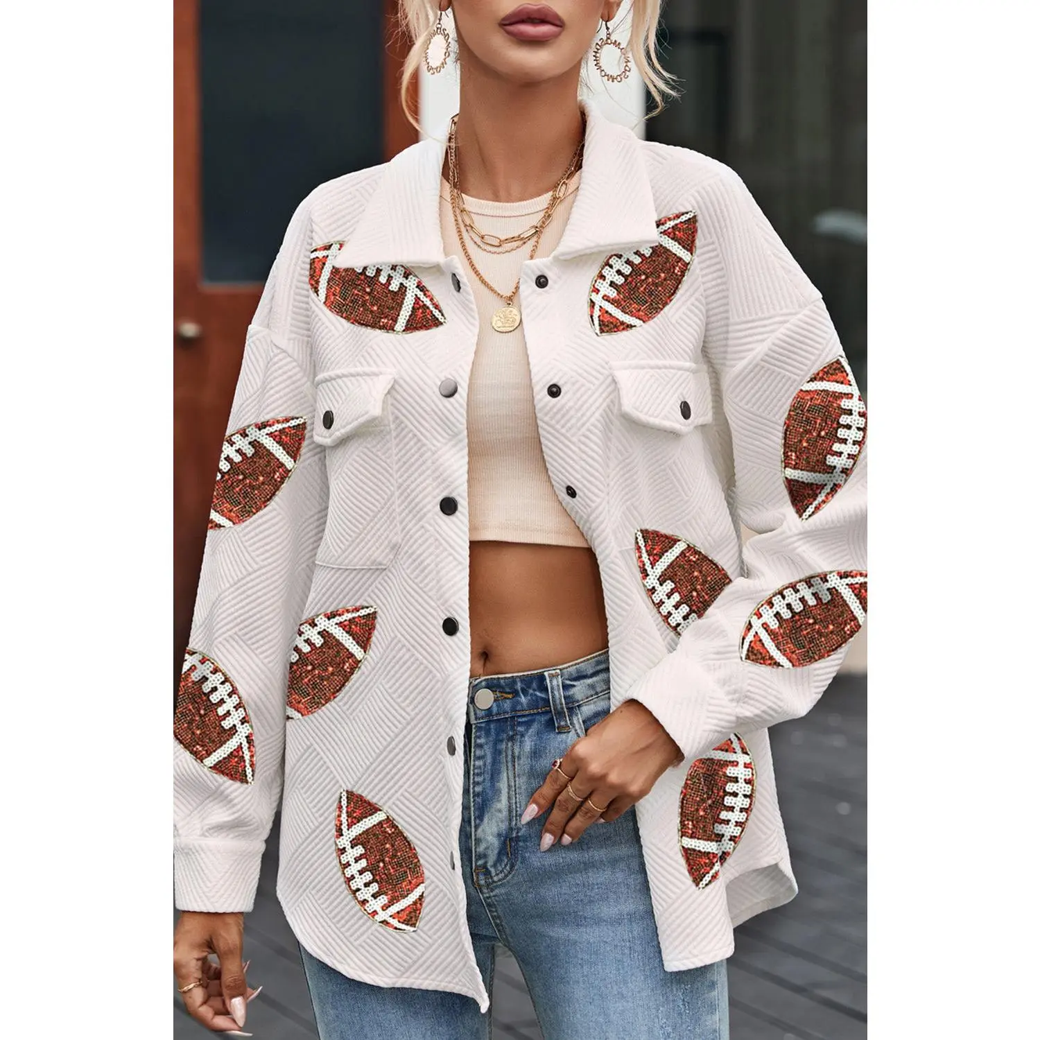 Beige Bubble Gum Texture Sequined Rugby Football Shacket