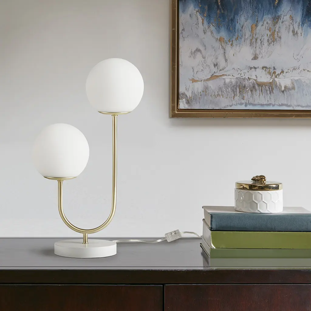 Modern 2-Light Table Lamp with 50% Iron Base, 100% Glass Globe, Gold Warm Brass Metal Finish, 11.5"w x 6.25"d x 20"h, 2 Type B Bulbs Included, Frosted Glow Indoor Home Improvement Lighting for Bedroom