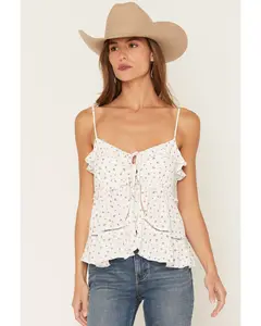 Floral Print Tie-Front Sleeveless Ruffle Cami