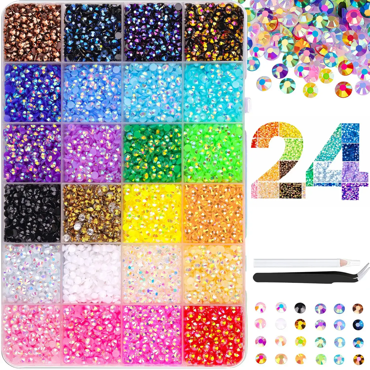 Jelly Rhinestones Bedazzling Kit, 30000Pcs 3mm Multicolor Flatback Gems, Nail Diamond Gems for DIY Crafts with Tweezers, Diy Rhinestone, Nail Art Set, Diy Nail Art, Multicolor-24Grids-30000Pcs