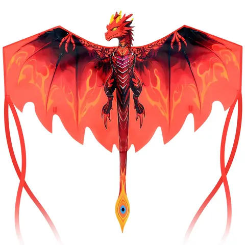 1 x Fire Dragon Kite - Dragon Theme Manual Flight Toy for Adults, Balanced Aerodynamics, Large Single Line, Long Tails, String Handle, Compact Carry Bag, Ripstop Poly Durable Build for Outdoor Use (Beach, Park)