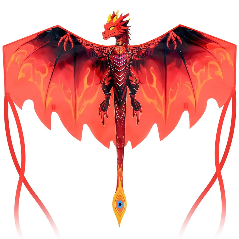 1 x Fire Dragon Kite - Dragon Theme Manual Flight Toy for Adults, Balanced Aerodynamics, Large Single Line, Long Tails, String Handle, Compact Carry Bag, Ripstop Poly Durable Build for Outdoor Use (Beach, Park)