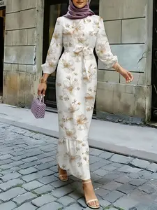 Elegant Long Dress with Floral All-Over Print, Loose-Fitting A-Type Jalabiya with Belt, Perfect for All Seasons, Women's Arabic Fashion, Hijabi Cute Dresses
