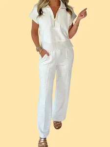 Women's 2 Piece Lounge Sets Half Zip Short Sleeve Pullover Sweatsuit Wide Leg Pants Outfits Tracksuit