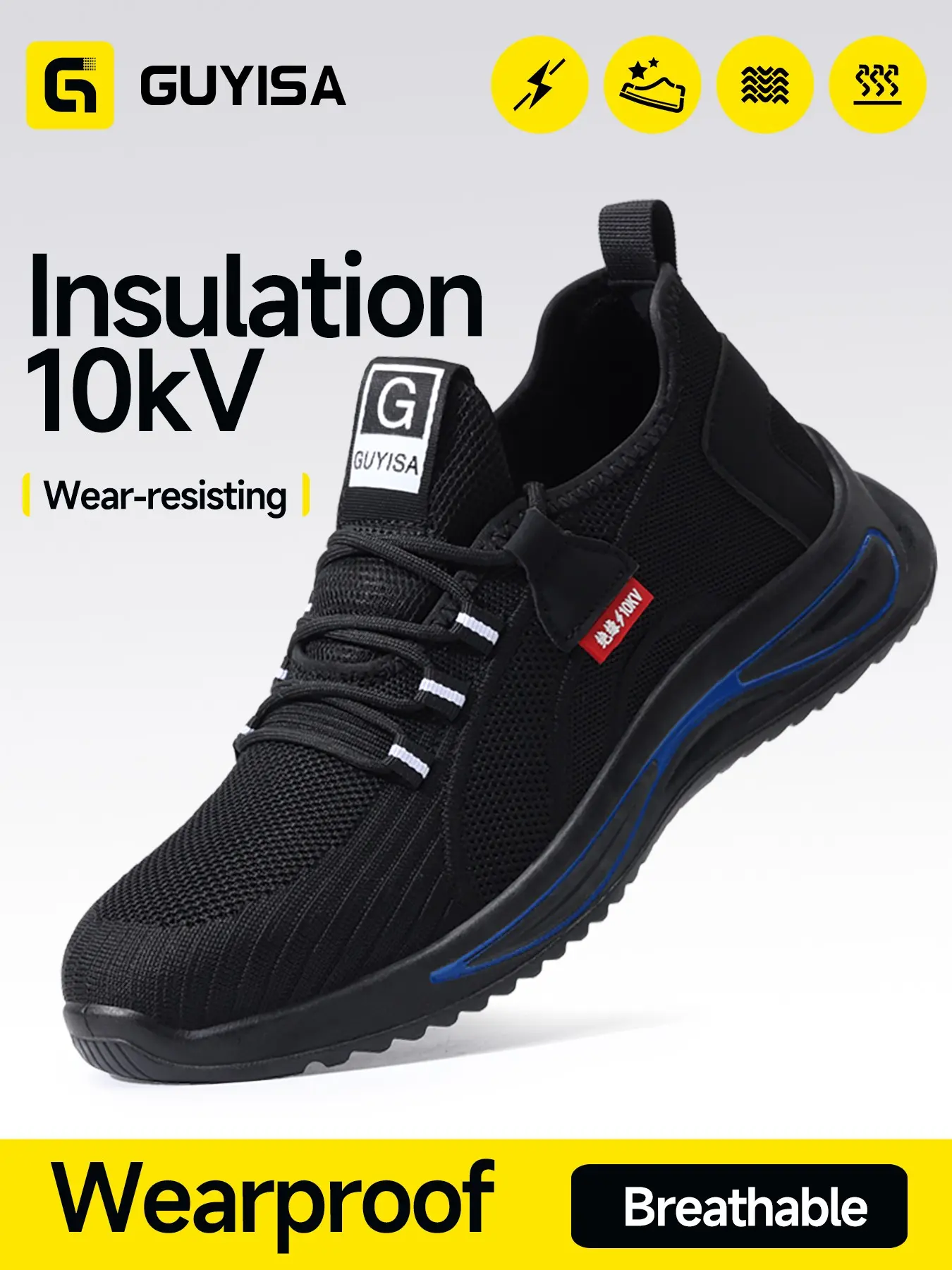 Guyisa Electrician Insulated Shoes, 10kv, Low Top, Flyknit Fabric, PU Sole, Durable, Oil Resistant, Acid-Resistant, All Seasons, Sizes 38-45, Footwear