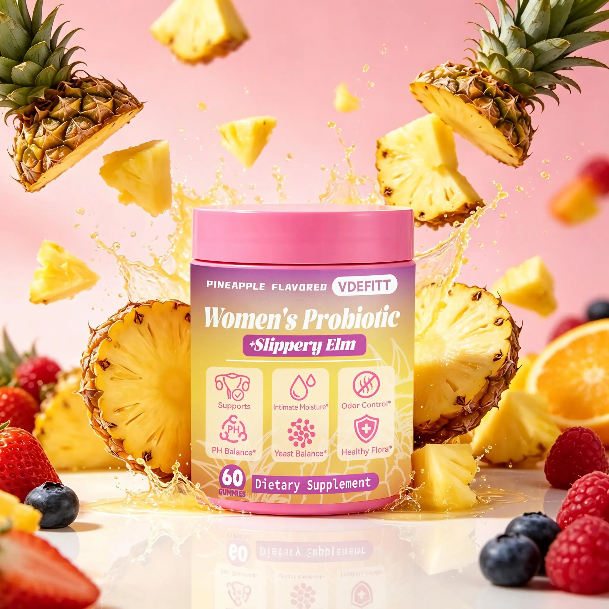 Feminine Wellness Probiotic Gummies for Women | Pineapple Flavor | Slippery Elm, Prebiotics & Lactobacillus | Supports pH Balance, Daily Freshness & Women’s Overall Health | 60 Count