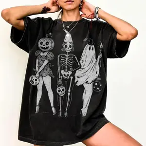 [Tiktok Shipping] Halloween Spooky Girl Squad Tshirt, Skeleton Ghost Pumpkin Tee, Witchy Fall Shirt, Retro Trendy Halloween Graphic Tee