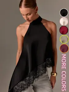 Women's Sleeveless High Neck Lace Trim Asymmetrical Satin Top, Evening Fall Special Occasion Shirt, Elegant Backless Vest