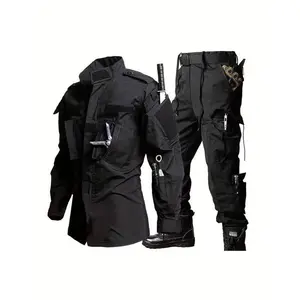 Men's Lightweight Tactical ACU Suit - Black, Durable Polyester Outdoor Camouflage Hunting & Training Gear with Multiple Pockets, Long-Sleeve Jacket & Cargo Pants for Hiking & Combat, Hiking Outfit |   Rugged Outdoor Wear |   Durable Fabric