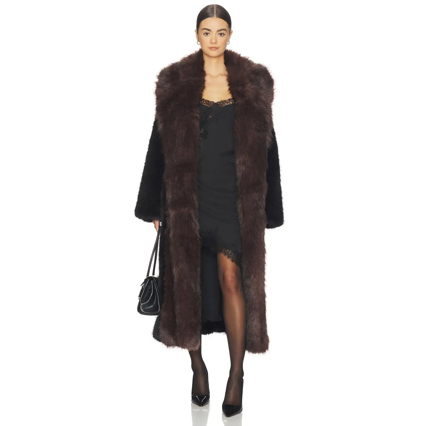 WeWoreWhat Faux Fur Belted Jacket in Black & Dark Brown