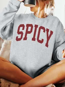 Women's Letter Print Crew Neck Sweatshirt, Casual Longsleeves Pullover for Fall & Winter, Women's Clothes for Daily Wear, Tops, Graphic Sweatshirt