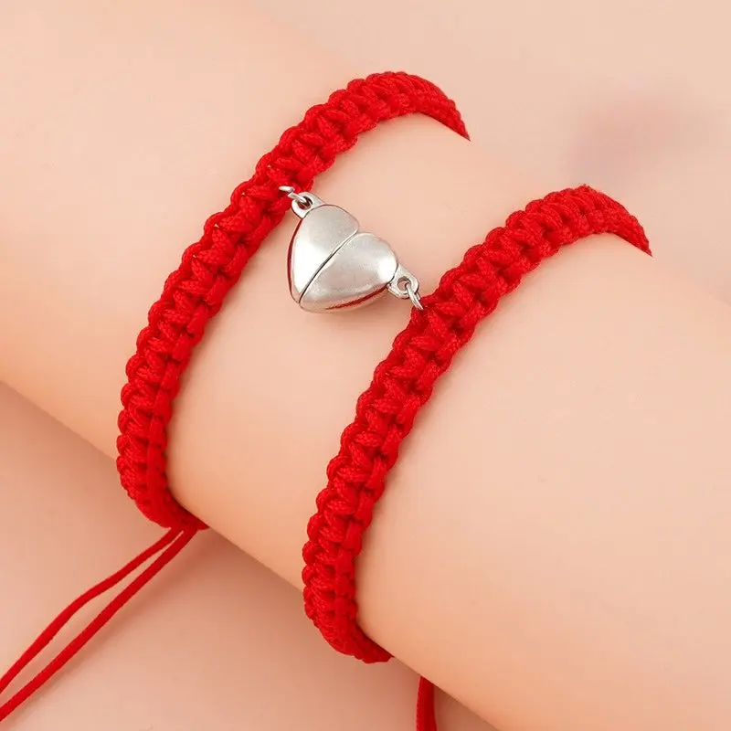 Couple's Eternal Connection Magnetic Heart Charm Bracelets - Macrame Weave Nylon Rope Red String of Fate Matching Pair, Adjustable 6.3-11.8 in, 0.21 oz Daily Fashion Costume Jewelry Wrist Accessories, Friends