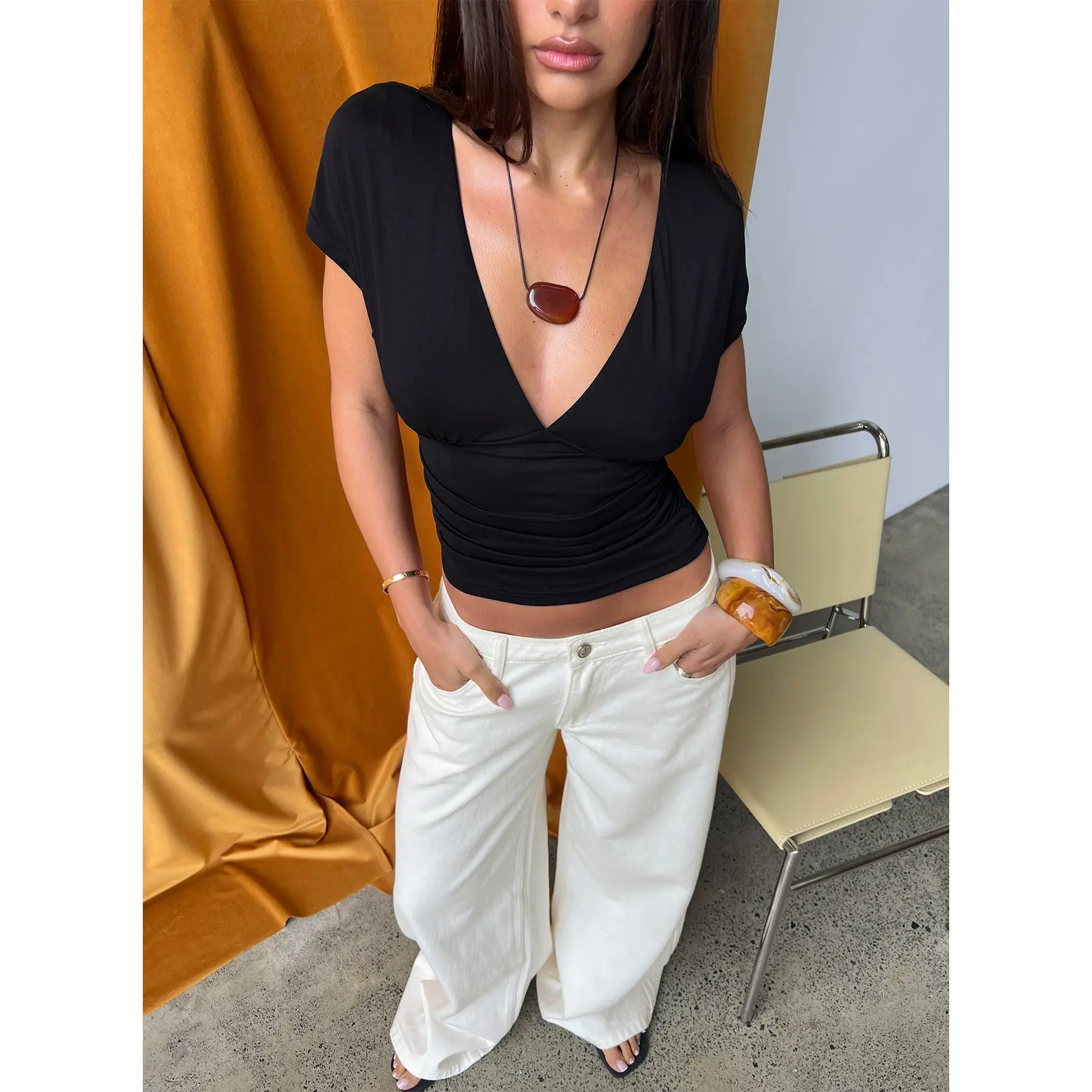 Mattey Cinched V Neck Top Black
