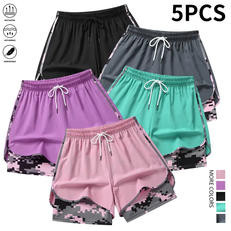 Women's 5-Piece Lined Athletic Mini Sports Shorts, Activewear Gym Bottoms with Built-In Liner for Running, Yoga
