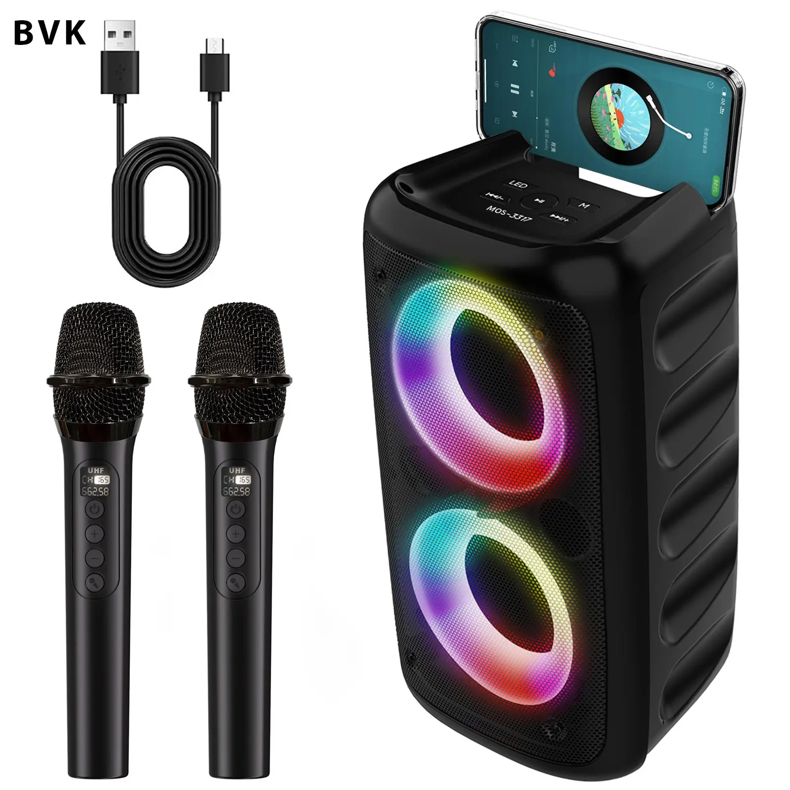 MOS-3317 Wireless Bluetooth-compatible Speaker, Portable Karaoke System, TF Card/USB/aux Input, RGB Lights, Ideal for Parties and Camping, Wireless Party Speaker