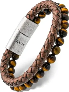 RTZN Brown Braided Leather & Tiger Eye Bead Bracelet