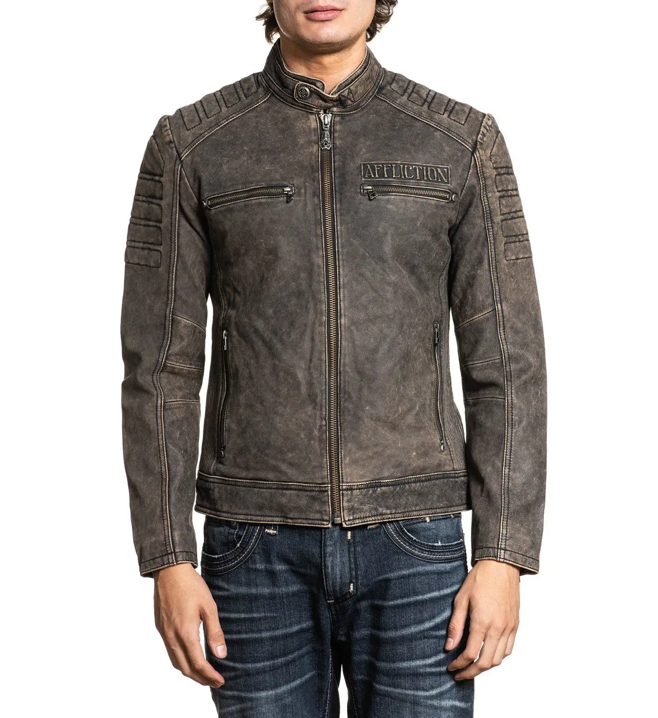 Affliction Men's Faux Leather Jacket Iron Head