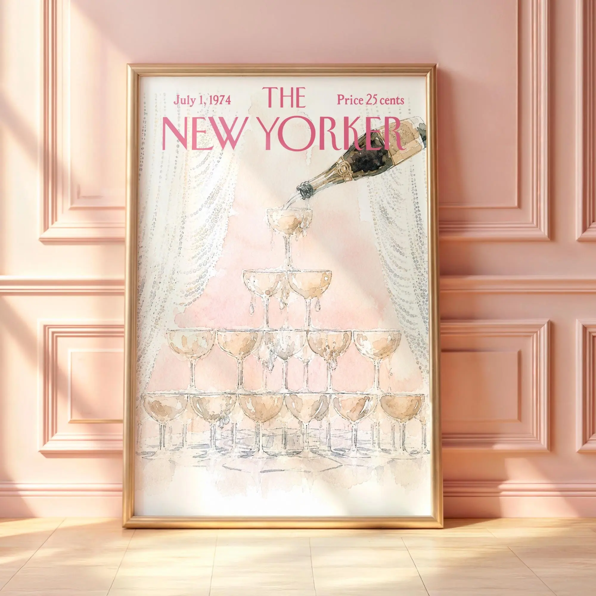 Vintage New Yorker Champagne Poster, Elegant Celebration Wall Art, Luxury Cocktail Print, Wedding Bar Decor, Magazine Cover