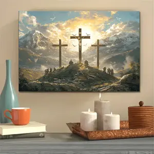Inspirational Crucifixion of Jesus Christ Canvas Art Print - Classic Religious Wall Decor with Wooden Frame, Serene Mountain Landscape with Doves, Perfect for Living Room, Bedroom, Home Office