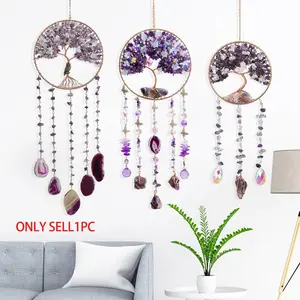 Tree of Life Purple Vibrant Crystal Sun Catcher Hanging Decoration, Handmade Boho Dream Catcher, Stone Pendant for Home Room Garden Window Wall Hanging Design Art Decor, Perfect Gift for Any Holiday