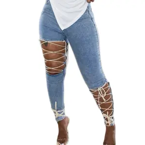 Crisscross Jeans Denim - Stretch Denim with Bold Cut-Outs & Crisscross Lace Detail - Sizes S-XL - Perfect for Events & Casual Outings