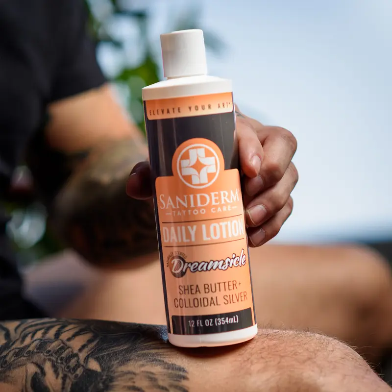 Saniderm Daily Tattoo Lotion (12 oz) – Premium, Organic Long-term Skin Care and Tattoo Aftercare for Vibrant Tattoos – Moisturizing Lotion for Tattooed Skin