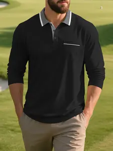Men's Casual Polo Shirt Spring & Fall New Arrival Pure Color Loose Fit Breathable Long Sleeve with Pocket Collar Patchwork Design