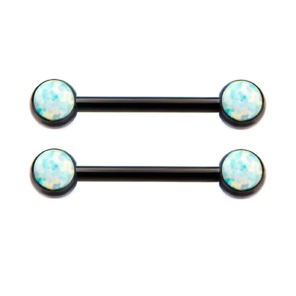 Black Bezel Set White Synthetic Opal Nipple Barbells - PVD Plated Stainless Steel - Pair