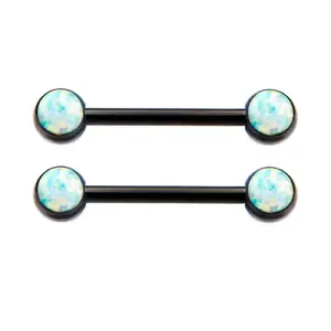 Black Bezel Set White Synthetic Opal Nipple Barbells - PVD Plated Stainless Steel - Pair